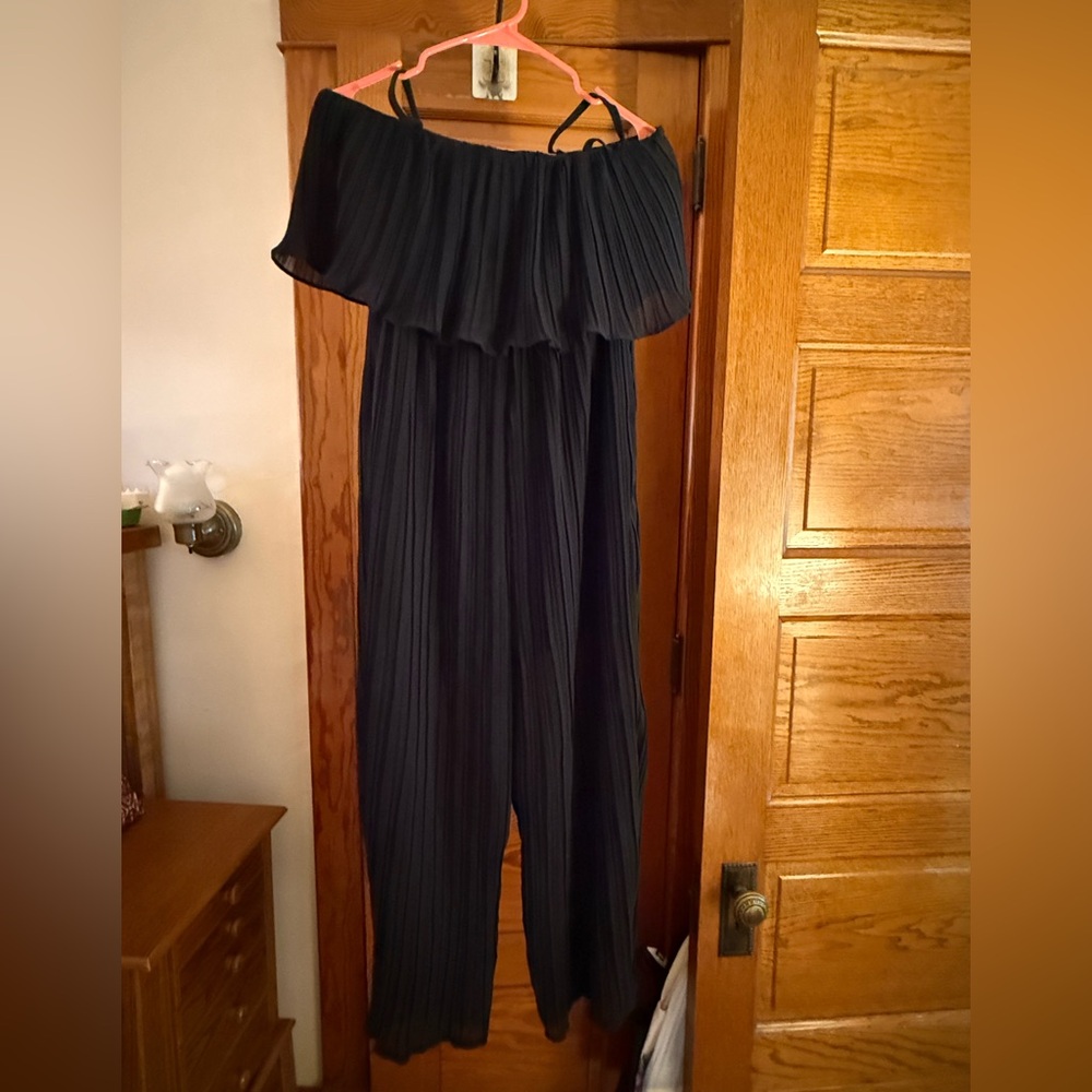 AKIRA Black Off-Shoulder Jumpsuit with Ruffled Overlay